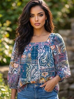 🌟W030. Stylish Printed Patchwork Peasant Top in Teal Multi